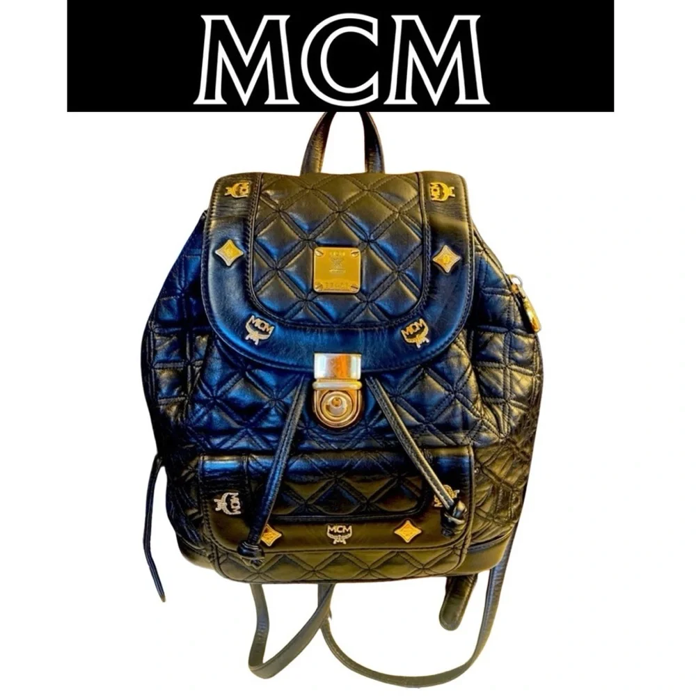 MCM | Bags | Mcm Black Gold Quilted Backpack Euc | Poshmark